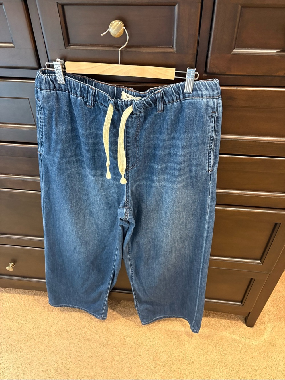 Oat New York Women's Blue Wide-Leg Drawstring Jeans with Cream Drawcord